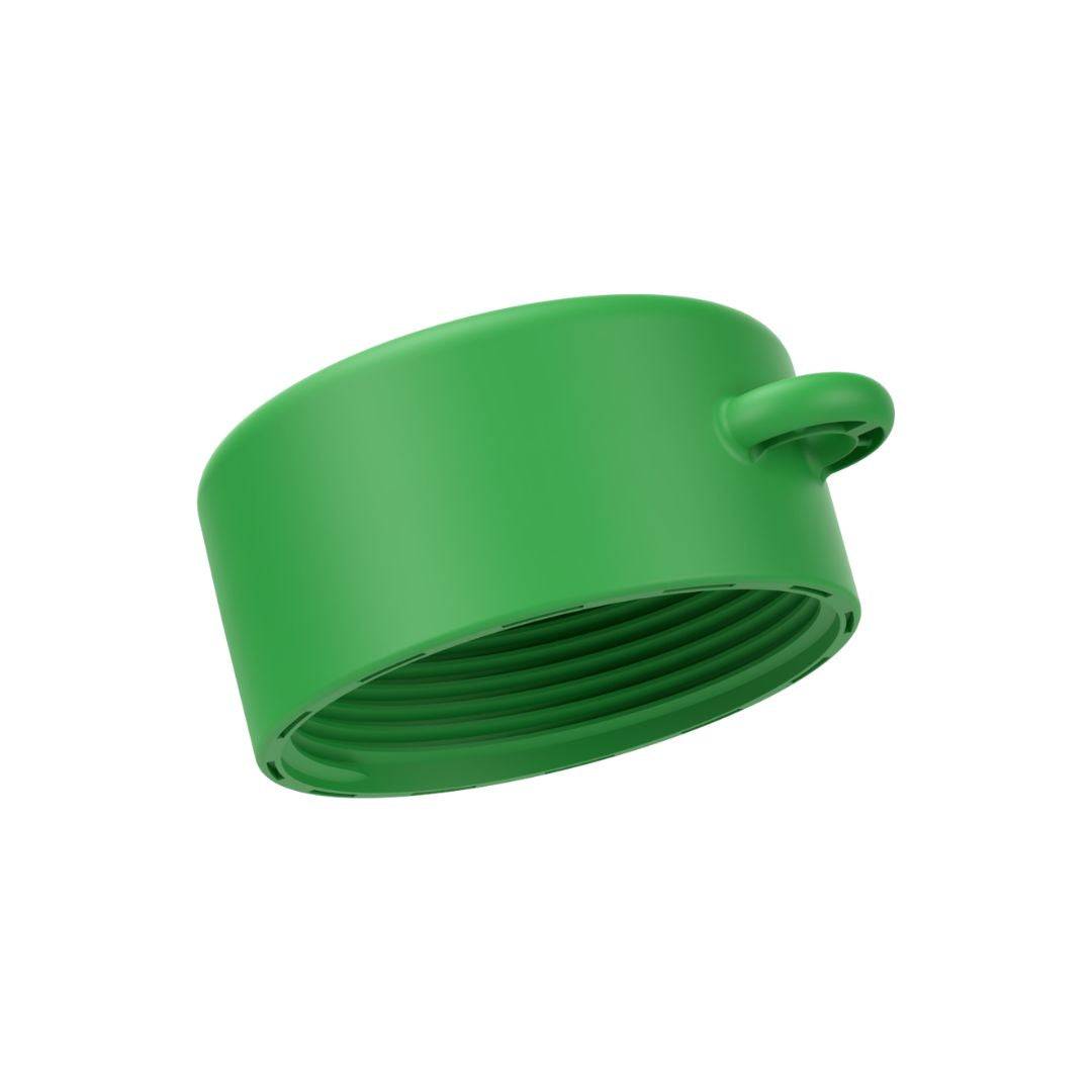Tether-compatible lid of green refillable roll-on travel applicator