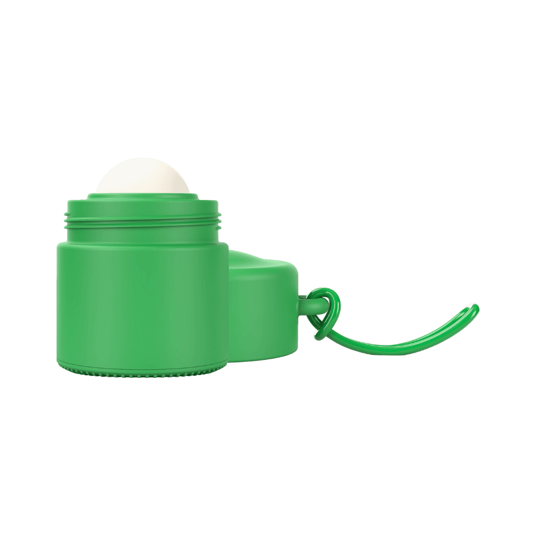 Green refillable roll-on travel applicator with lid to side