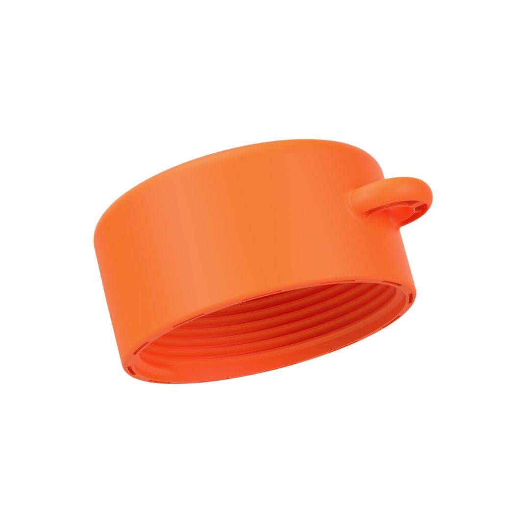 Tether-compatible lid of orange refillable roll-on travel applicator