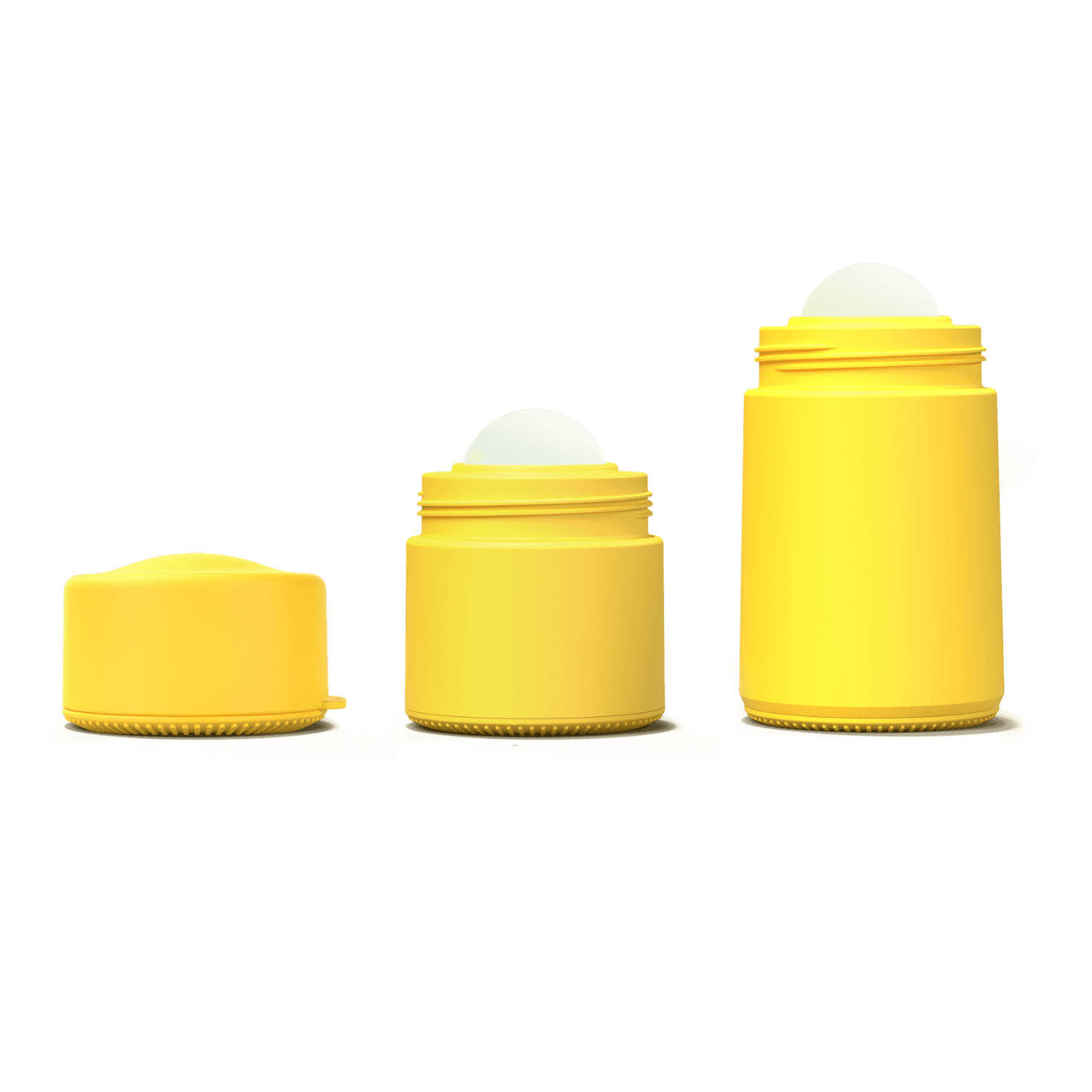 three different types of yellow refillable containers including a pot and two roll-on applicators