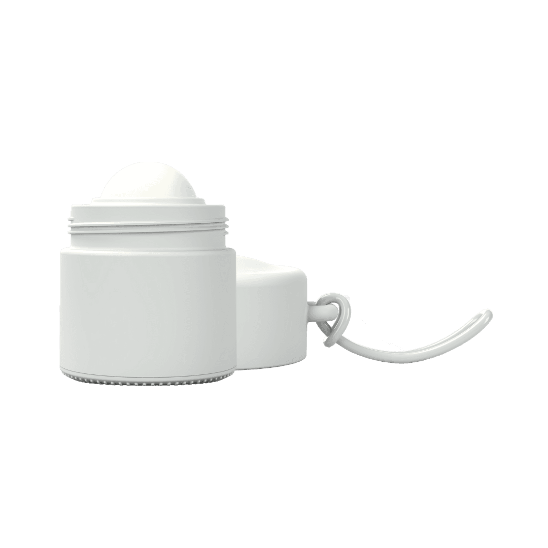 Grey refillable roll-on travel applicator with lid to side