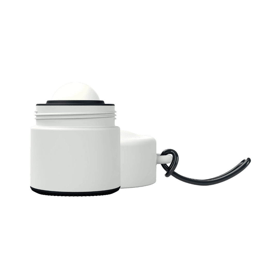 Grey and black refillable roll-on travel applicator with lid to side