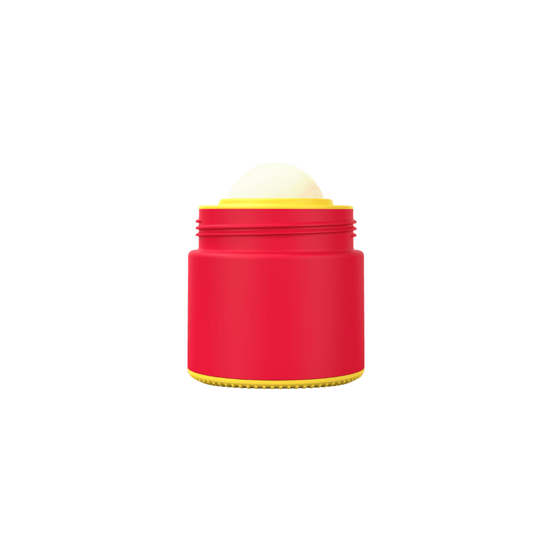 Body of red and yellow refillable roll-on travel applicator