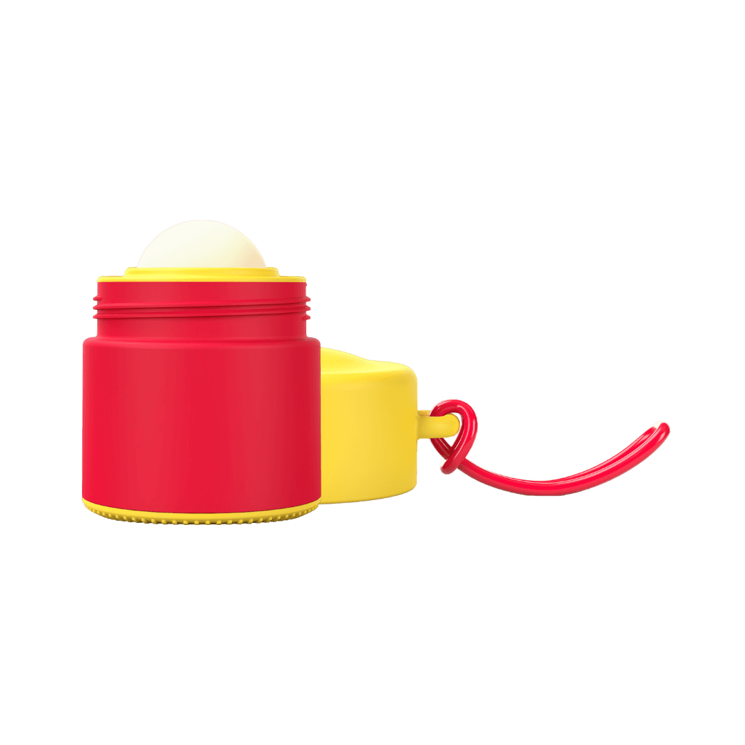 Red and yellow refillable roll-on travel applicator with lid to side