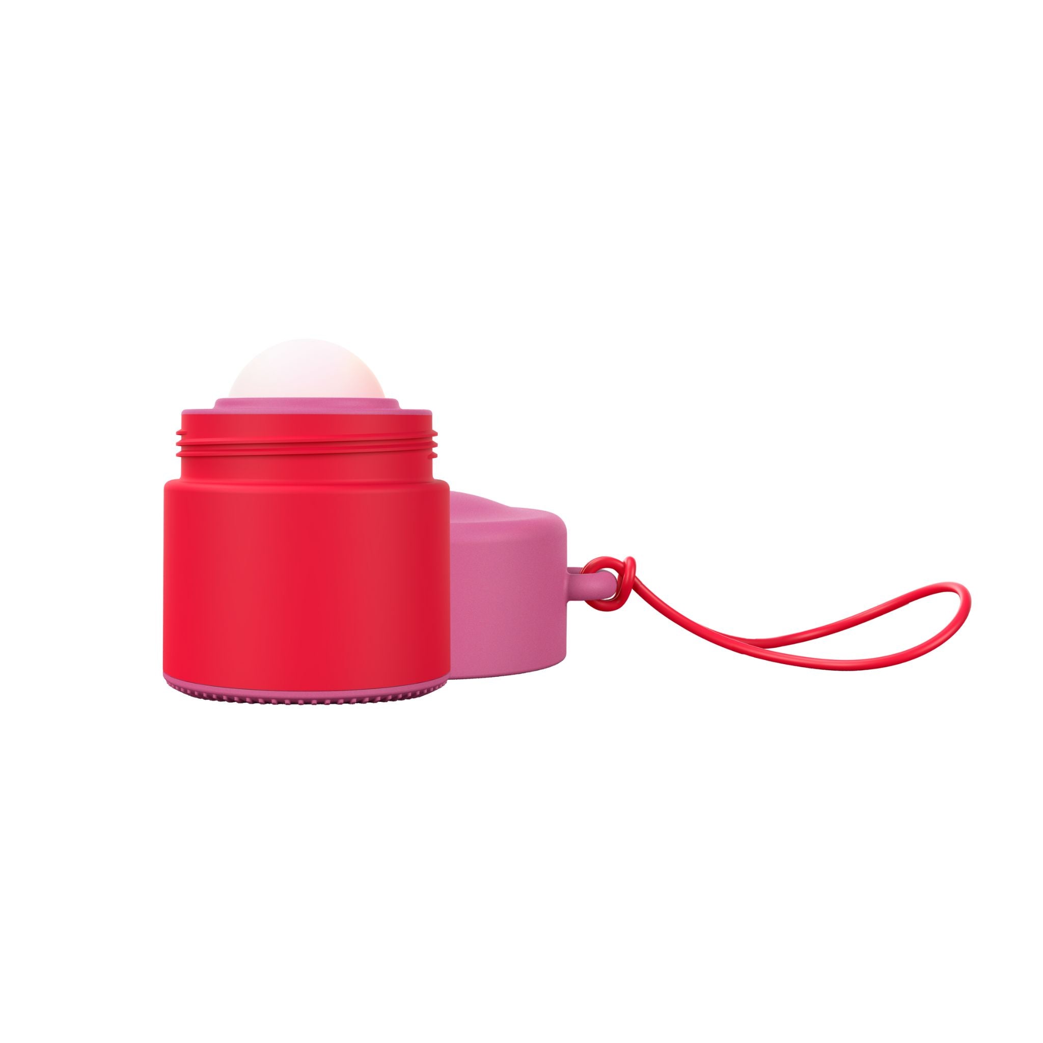 Pink and red refillable roll-on travel applicator with lid to side
