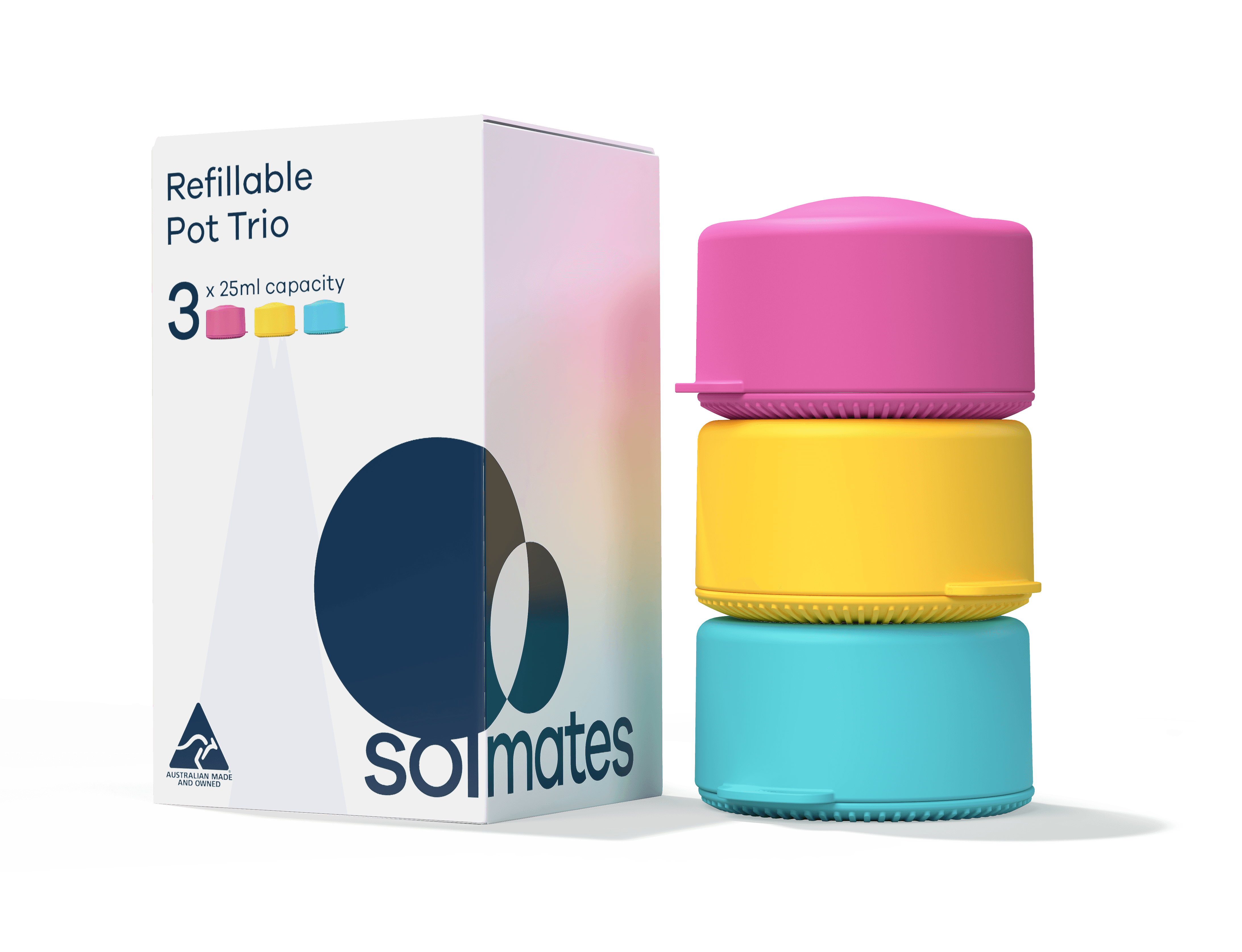 Colorful refillable travel pots with packaging