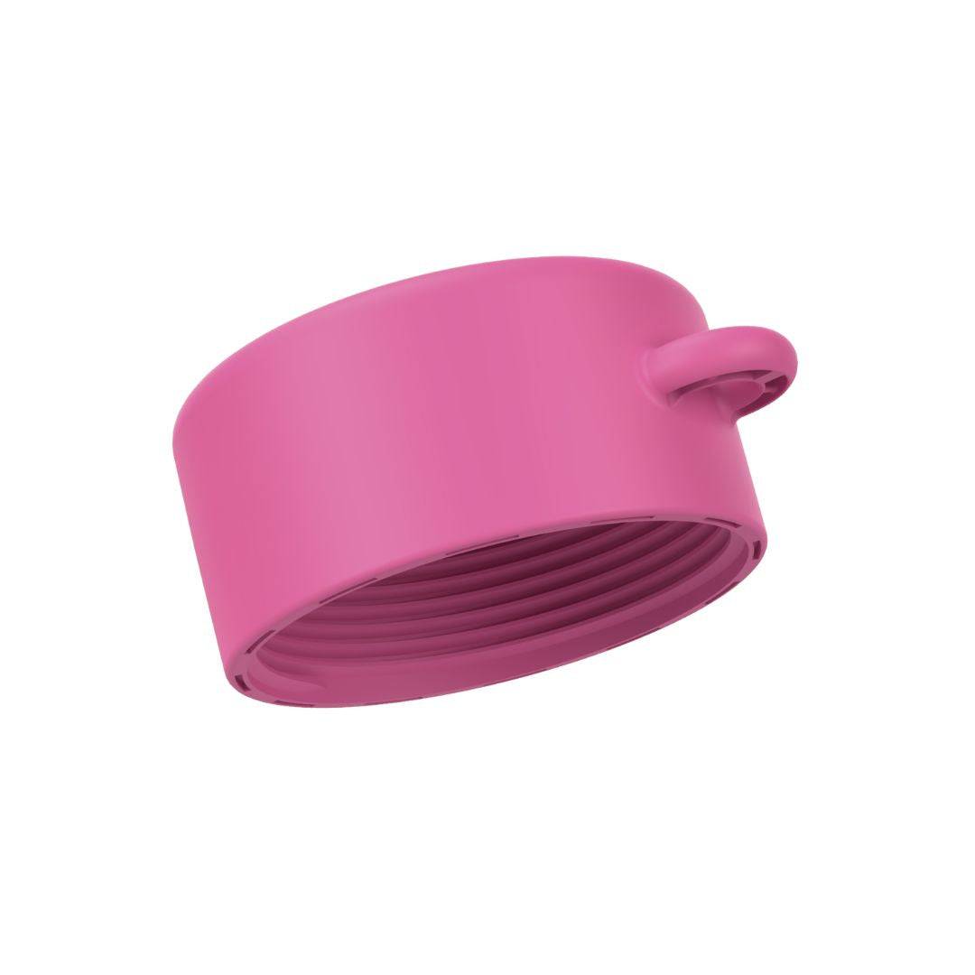 Tether-compatible lid of pink refillable roll-on travel applicator