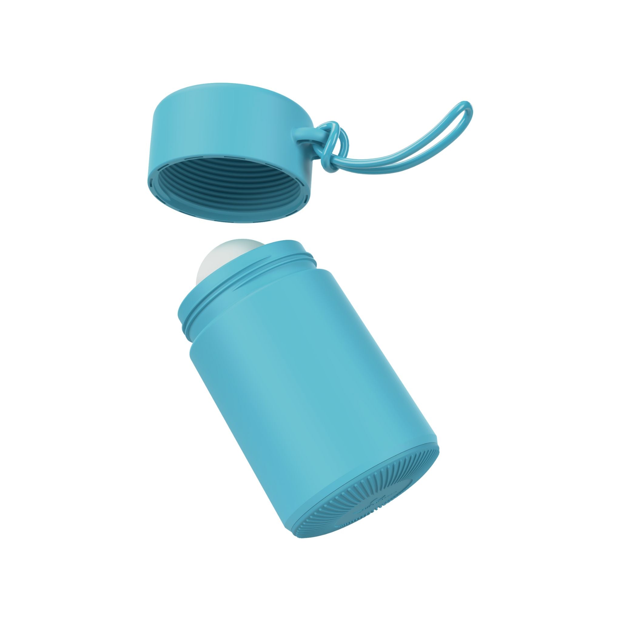 Blue refillable roll-on travel applicator with lid off and above body