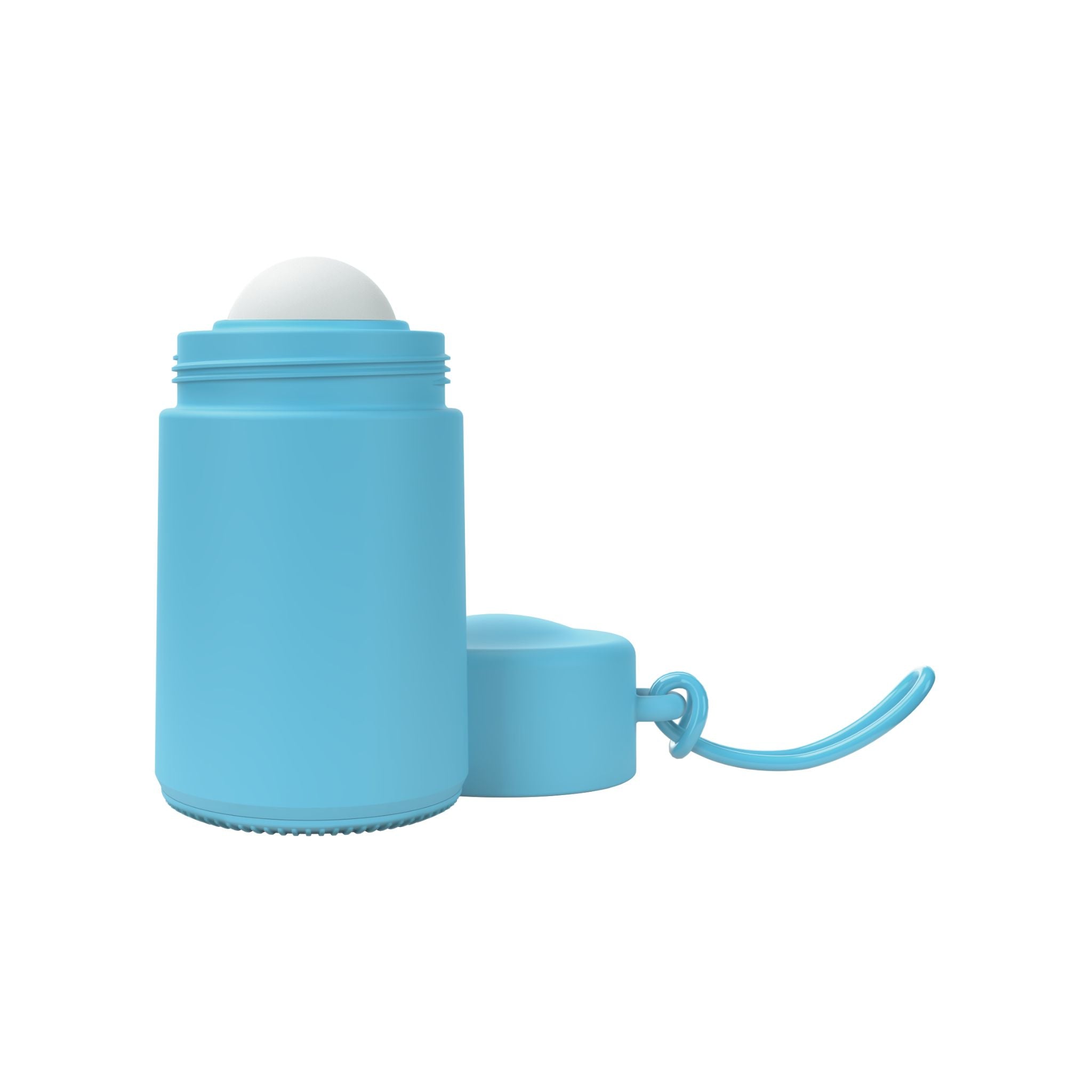 Blue refillable roll-on travel applicator with lid to side