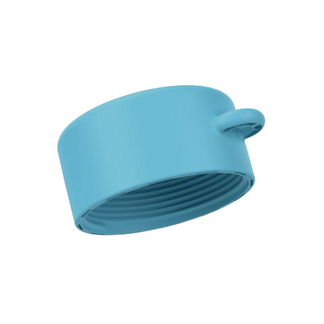 Tether-compatible lid of blue refillable roll-on travel applicator