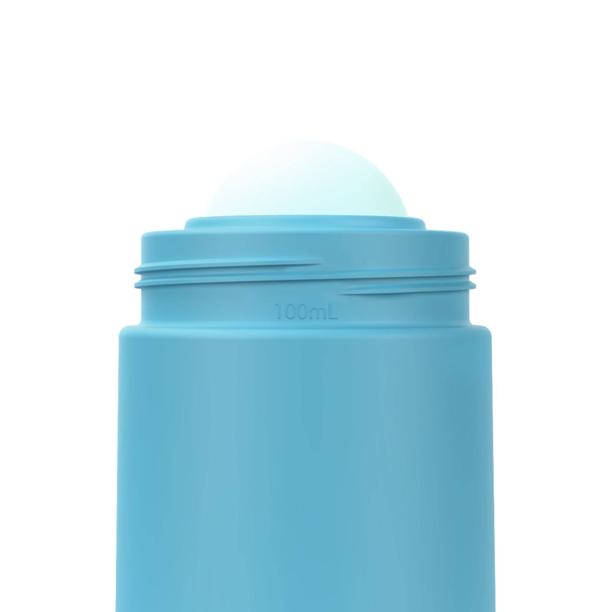 Body and roller ball of blue refillable roll-on travel applicator