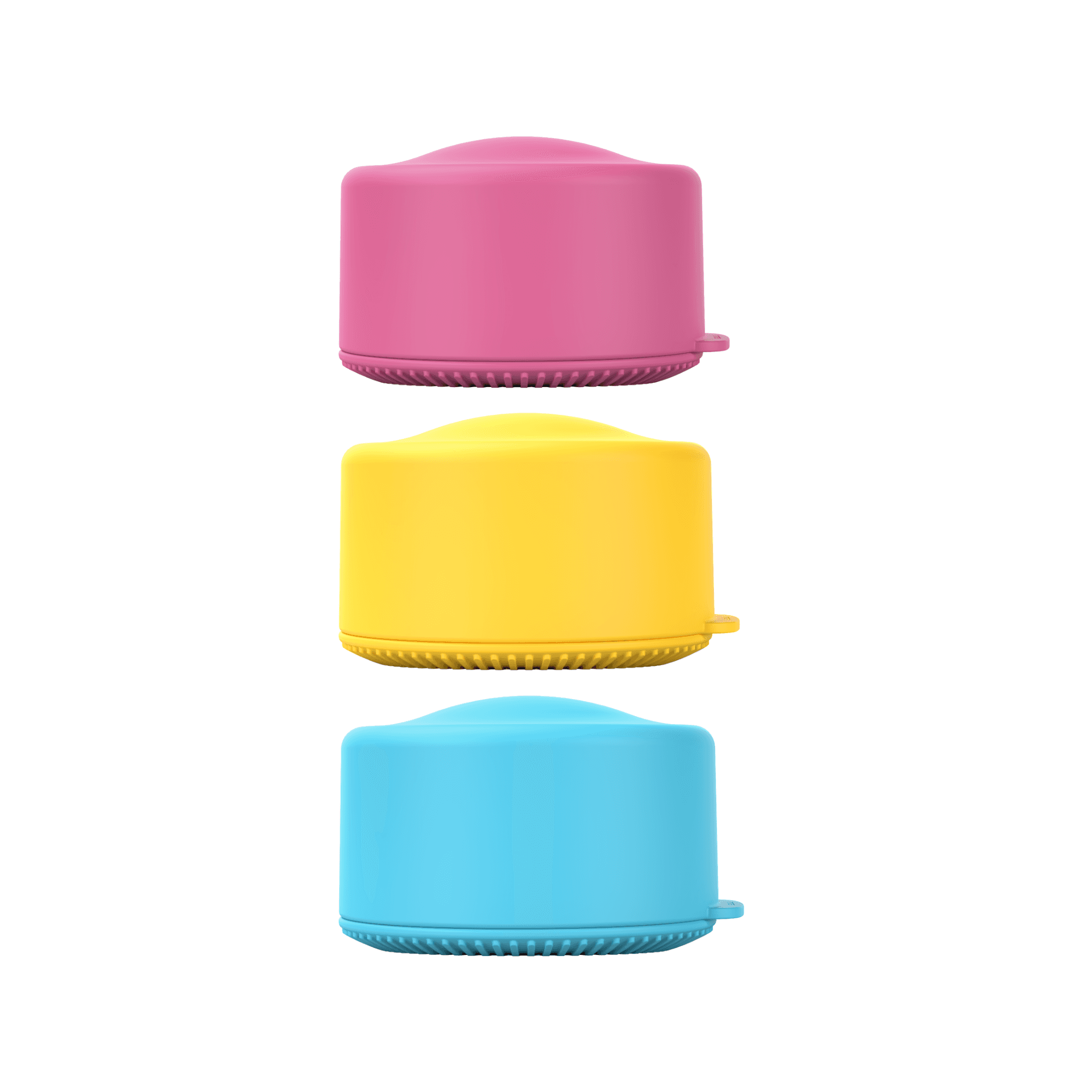 Stacked pink, yellow, and blue travel containers