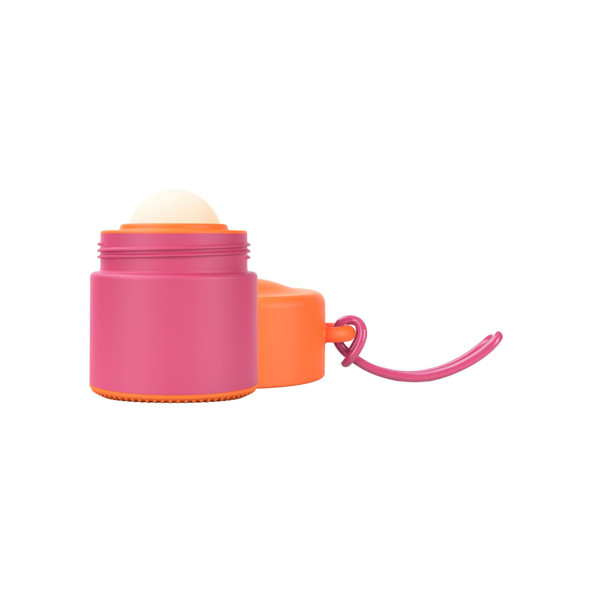 Pink and orange refillable roll-on travel applicator with lid to side