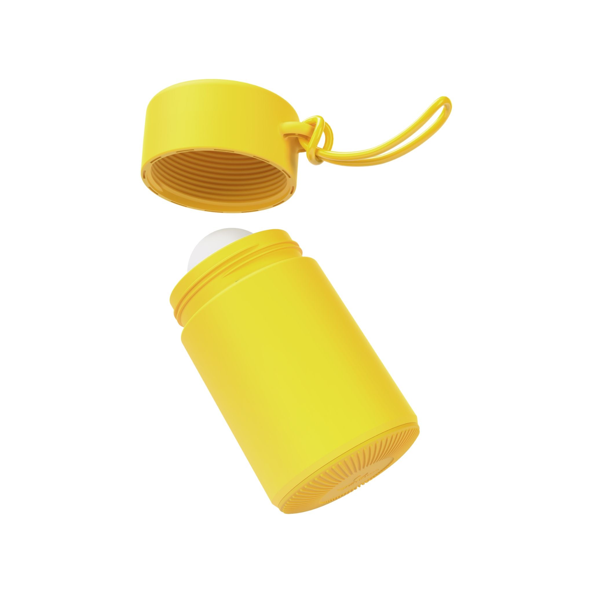 Yellow refillable roll-on travel applicator with lid off and above body