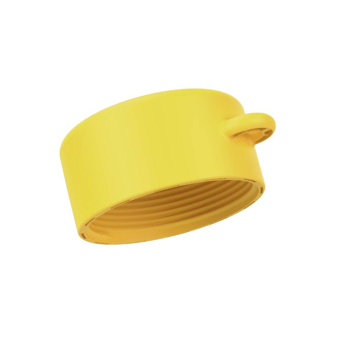 Tether-compatible lid of yellow refillable roll-on travel applicator
