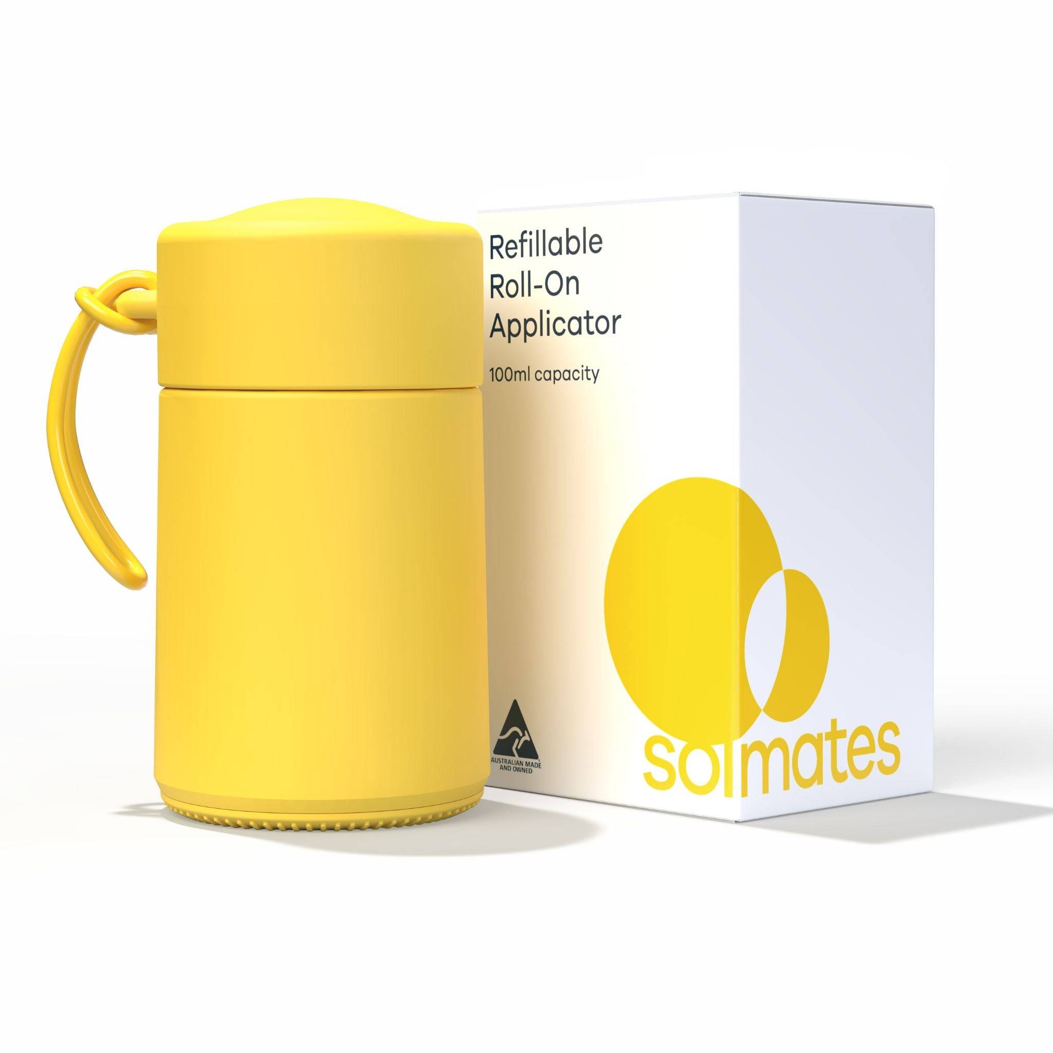 Yellow refillable roll-on travel applicator with packaging