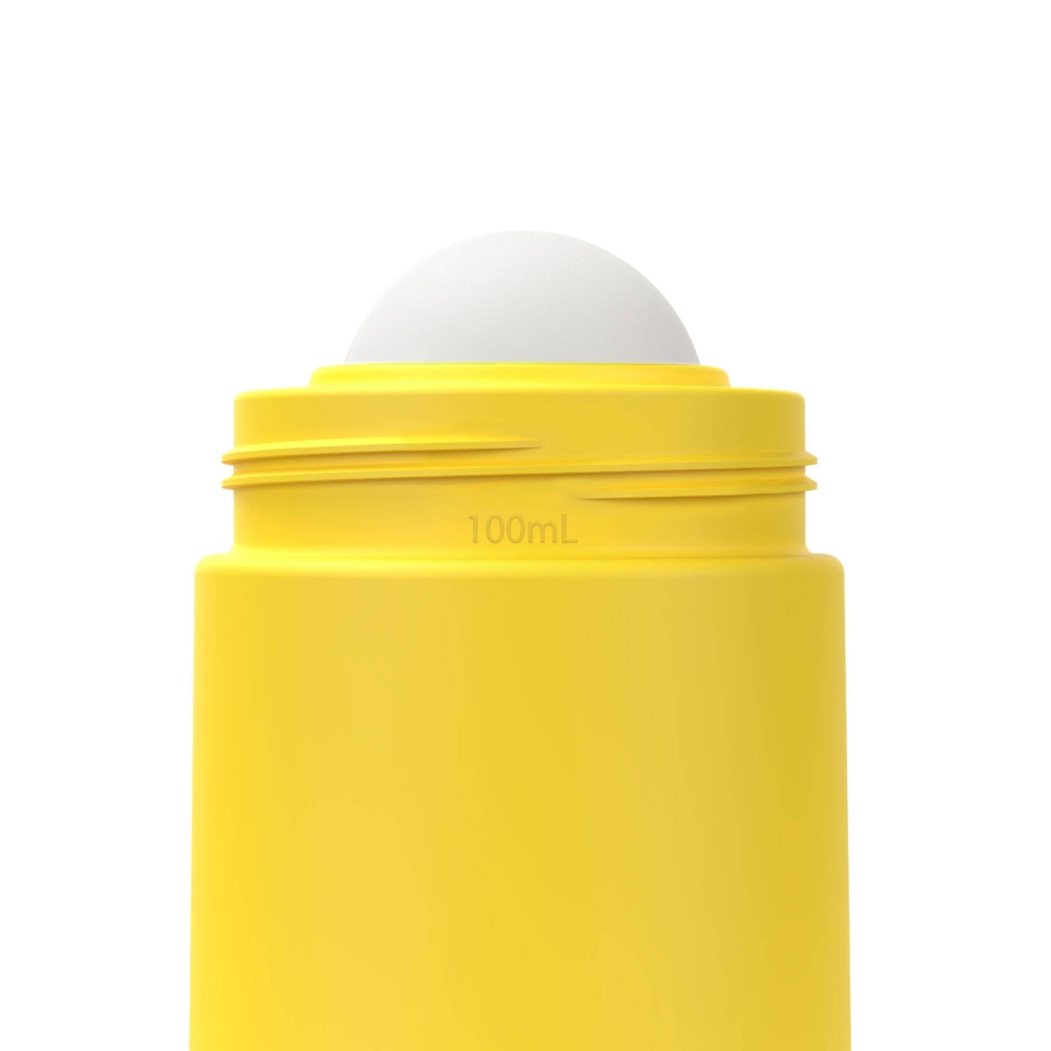 Body and roller ball of yellow refillable roll-on travel applicator