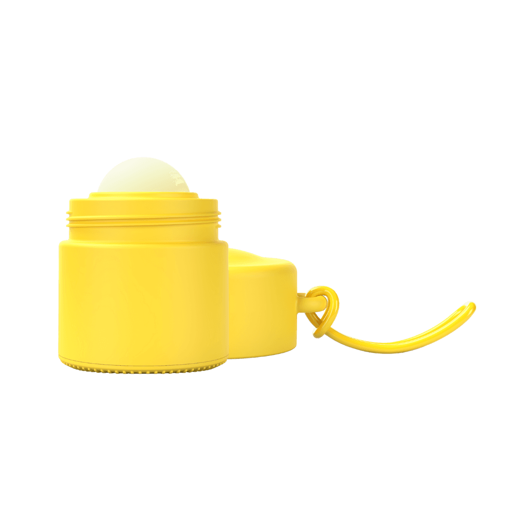 Yellow refillable roll-on travel applicator with lid to side