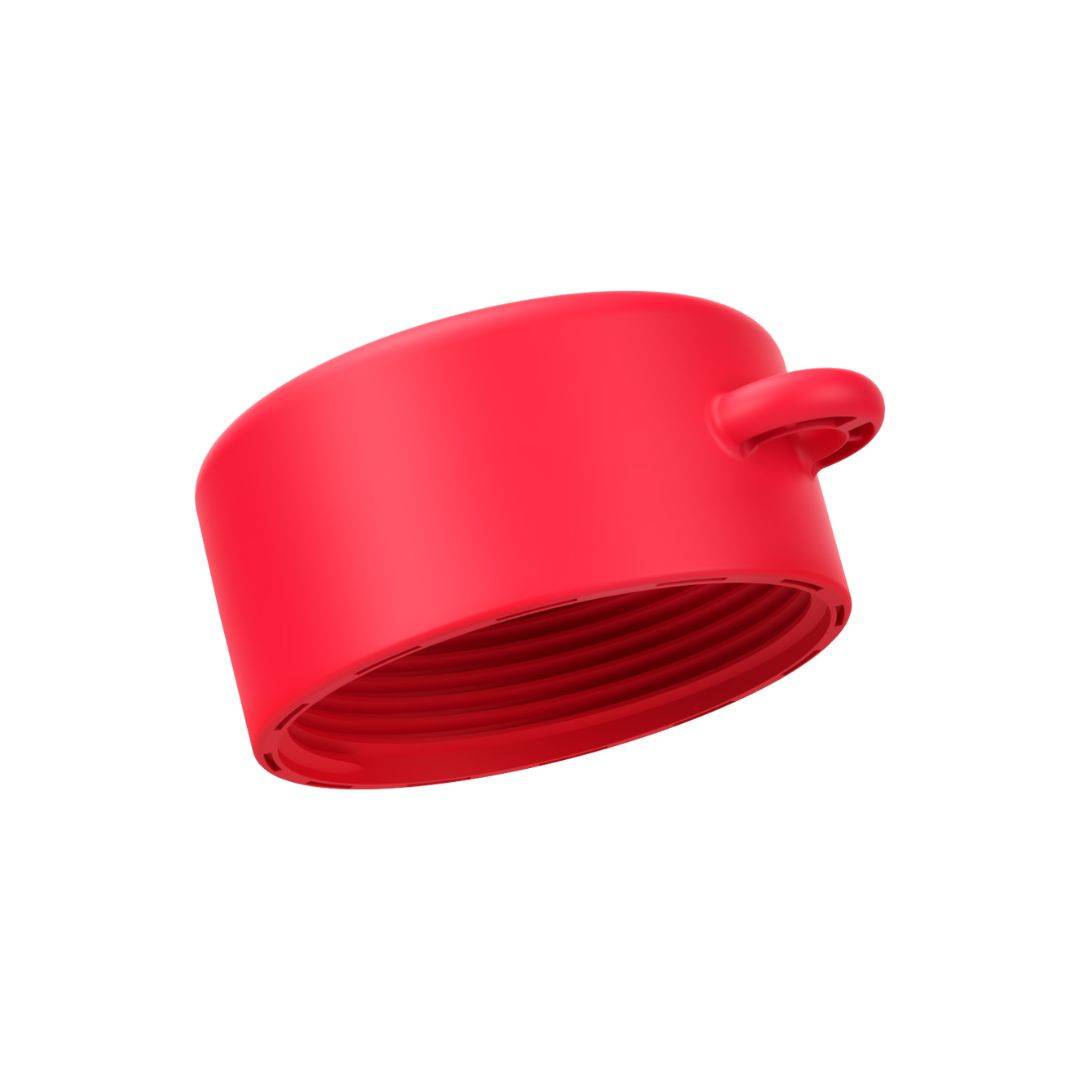 Tether-compatible lid of red refillable roll-on travel applicator