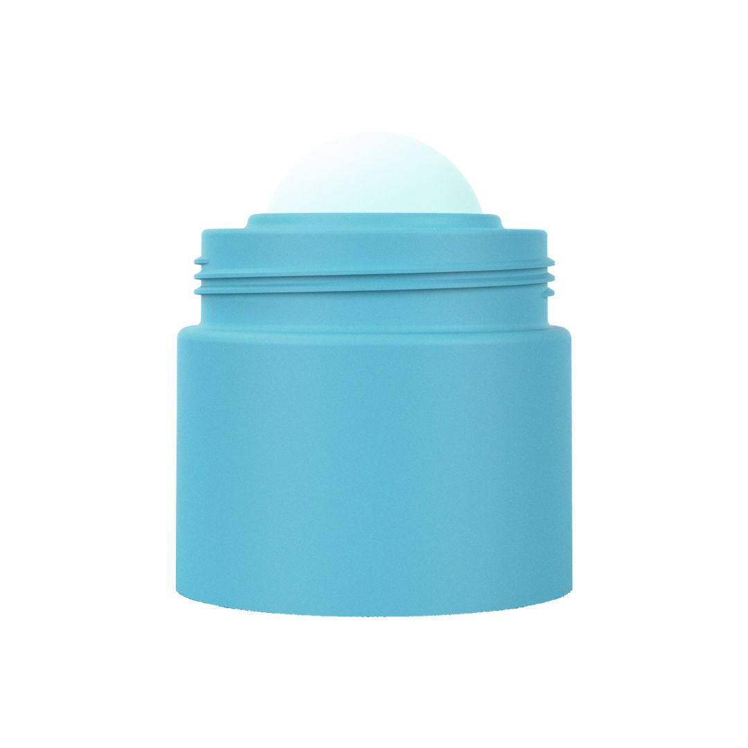 Body of blue refillable roll-on travel applicator