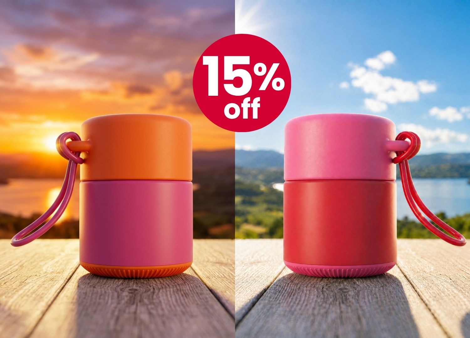 Two limited edition Solmates travel applicators with a 15% off discount label against scenic backgrounds.